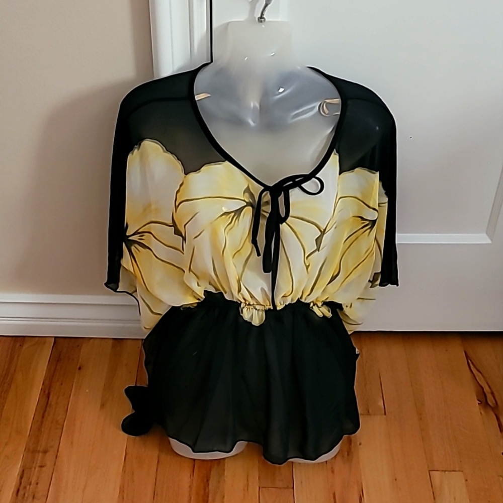 SHEER Blouse, Black and Yellow, Flower Design, Size S, made in the USA